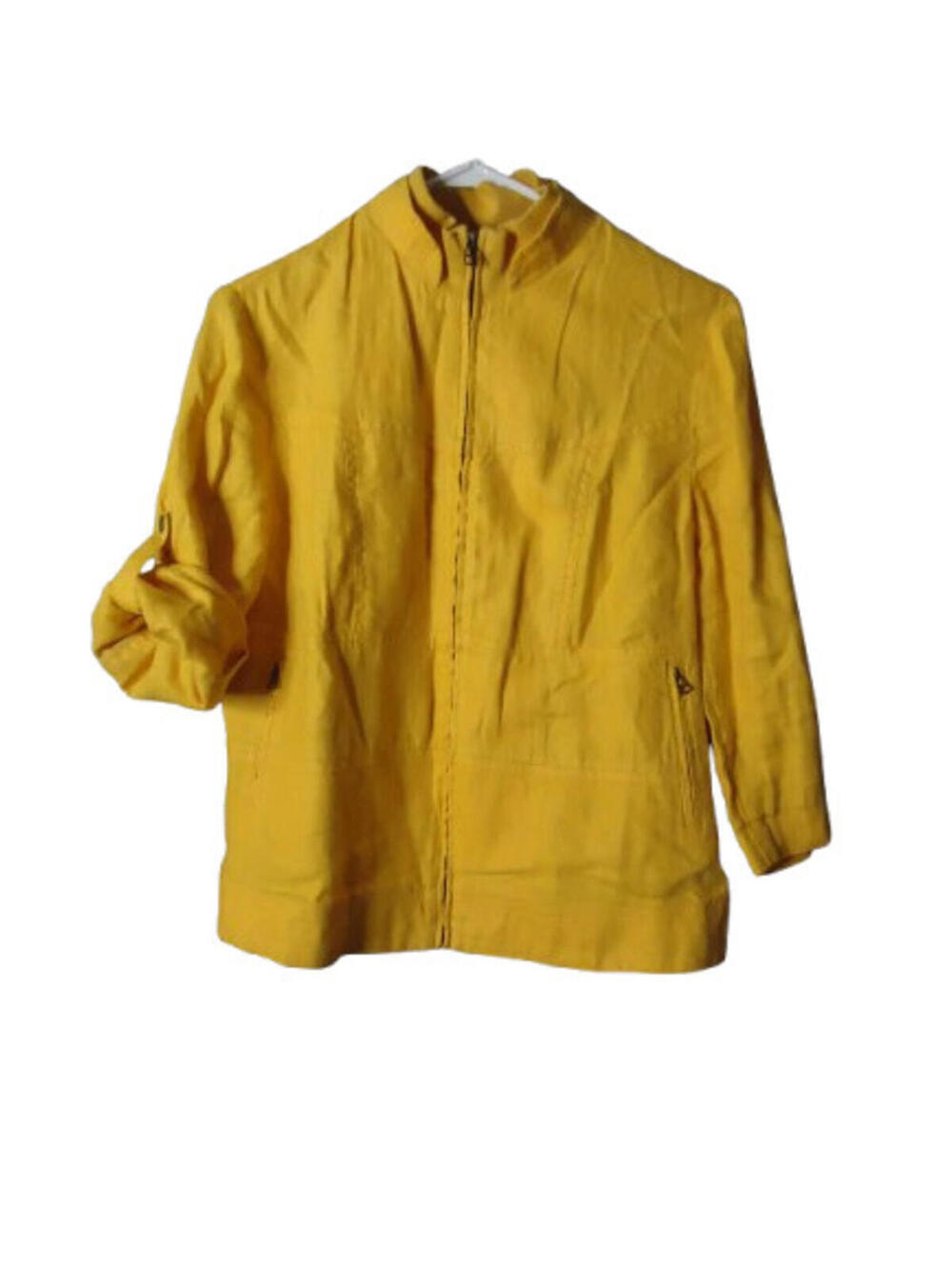 Coldwater Creek 100% Linen Roll Tab Sleeve Full Zip Jacket Mustard Yellow Sz P14